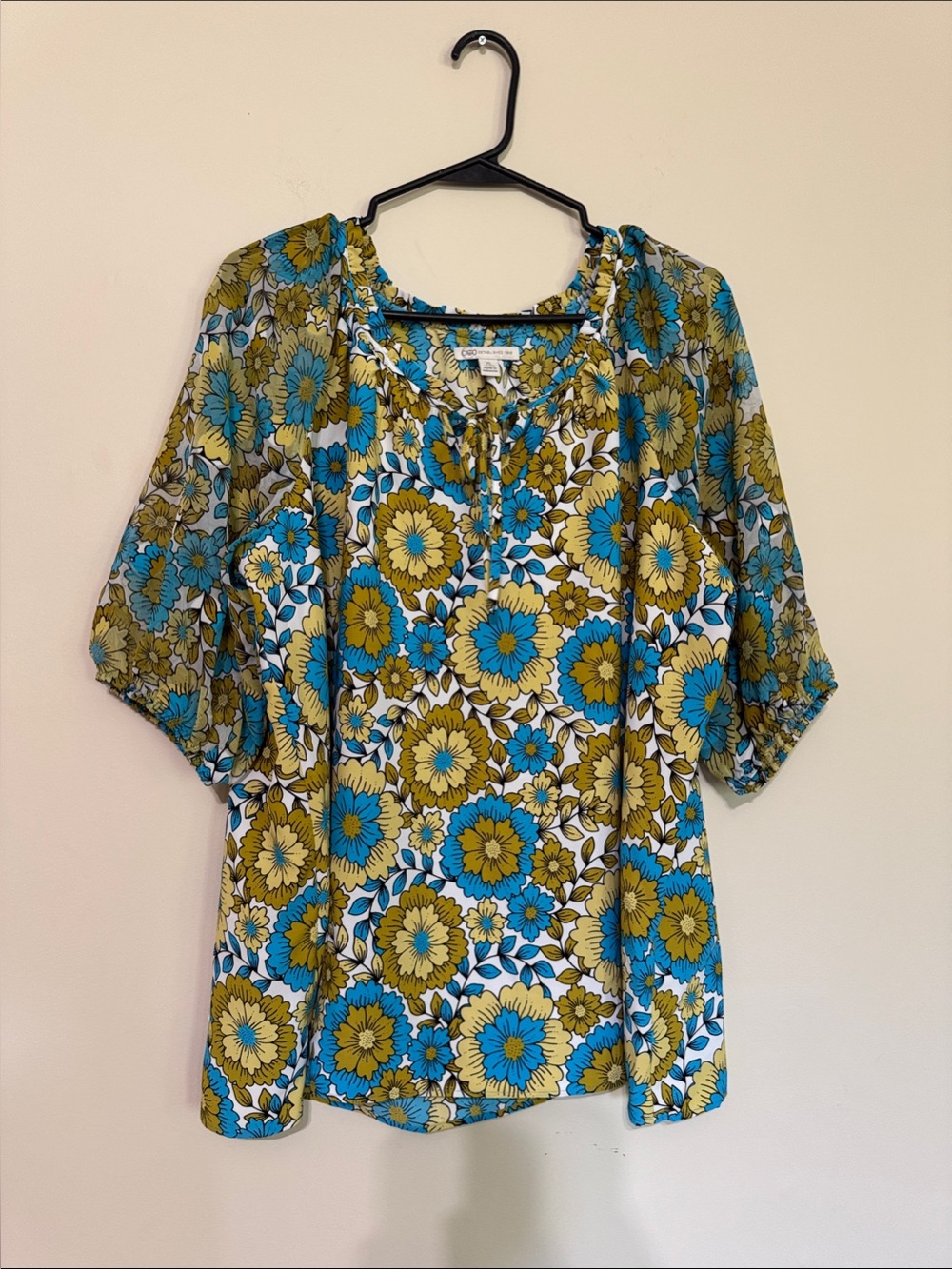 Cato Floral Peasant Blouse - Blue & Olive